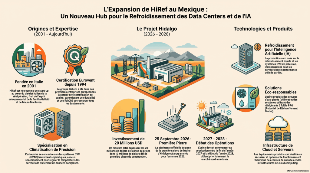 Infographie de HiRef sur sa nouvelle usine à Hidalgo, au Mexique, destinée à la production de systèmes de refroidissement de précision CVC et de refroidissement liquide pour les centres de données et les serveurs.