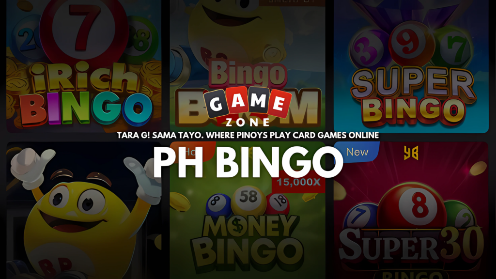 A digital mosaic featuring the titles of online bingo games from the GameZone platform, highlighting iRich Bingo, Super Bingo, and the central PH Bingo logo.