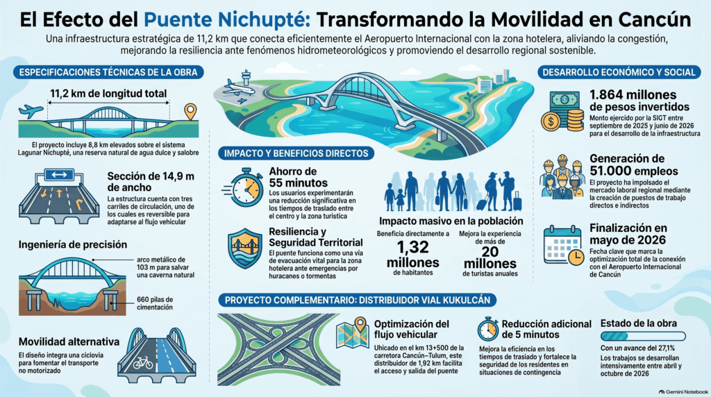 Gráfico de barras que muestra el impacto del Puente Nichupté en Cancún, destacando la reducción de 55 minutos en trayectos para 1.32 millones de habitantes y 20 millones de turistas.