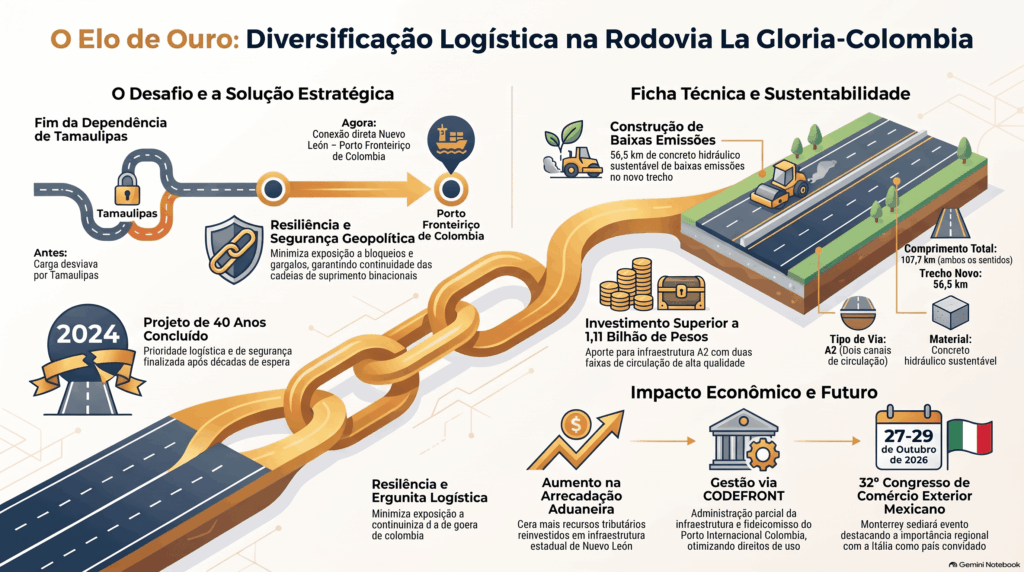 Gráfico sobre a transformação logística de Nuevo León que ilustra a nova rodovia La Gloria até Puerto Colombia, destacando sua conexão direta sem passar por Tamaulipas para otimizar o comércio internacional.