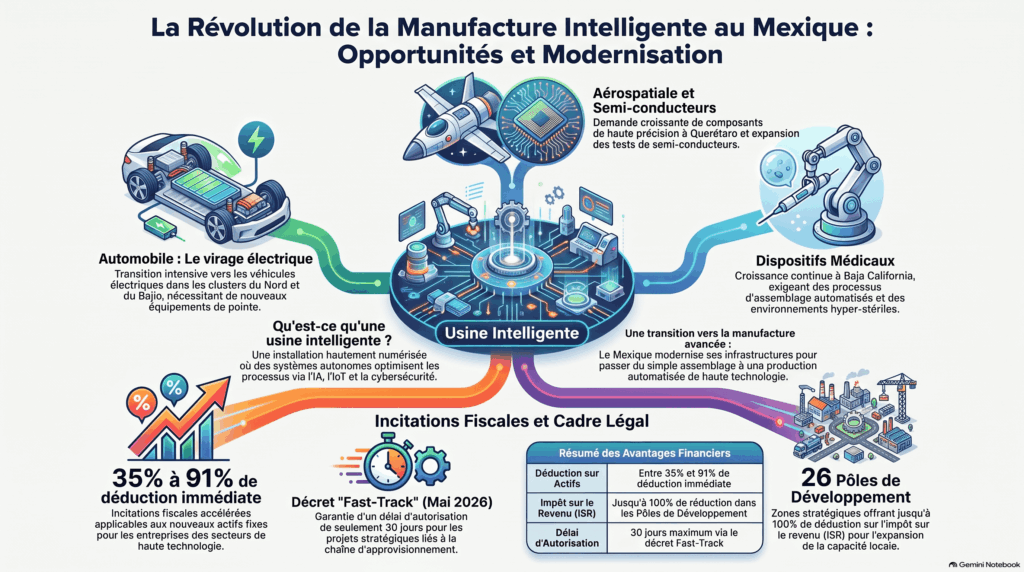 Graphique illustrant la transformation des sites de production mexicains en usines intelligentes automatisées, mettant en avant l’adoption de technologies de pointe, les nouvelles incitations fiscales et le développement de secteurs clés.
