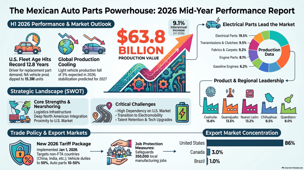 Gráfico circular sobre autopartes mexicanas en 2026: partes eléctricas lideran con 19.5%, seguidas de transmisiones con 9.5%, telas y alfombras con 9.2%, partes para motores con 8.1% y motores 6.2%.