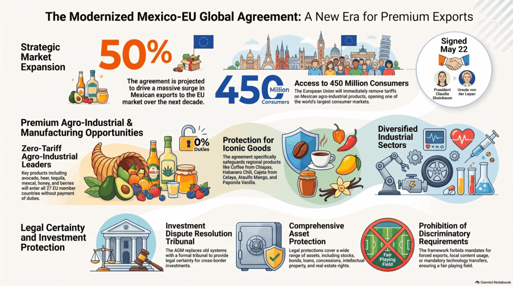 Infografía sobre el Acuerdo Global Modernizado entre México y la Unión Europea. Ilustra la eliminación de aranceles para alimentos gourmet y el incremento proyectado de exportaciones para el año 2030.