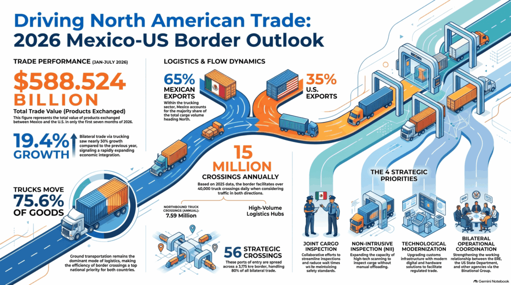 Chart illustrating the structure of trade between Mexico and the United States: 75.6% is transported by truck, with 65% corresponding to Mexican exports and 35% to U.S. exports.