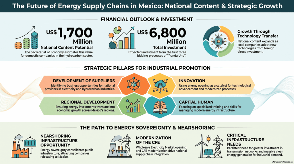 Infografía sobre la cadena de suministro energético en México, mostrando inversiones de 6,800 millones de dólares y un contenido nacional potencial de 1,700 millones para impulsar la industria local mexicana.