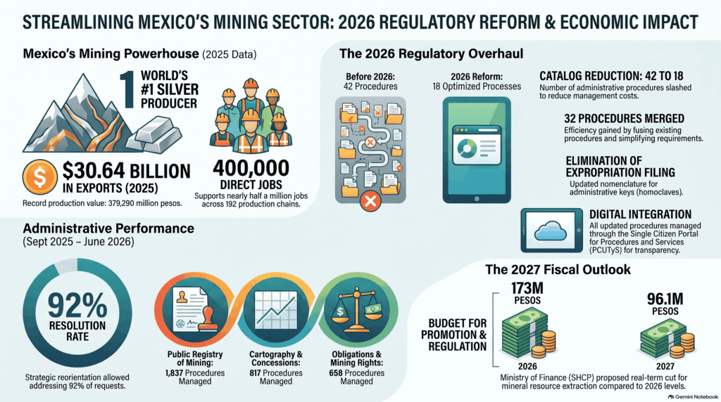 Chart on mining reform in Mexico. It shows a reduction in bureaucratic procedures from 42 to 18, record production of 379,290 million pesos, and exports totaling 30,642 million dollars.