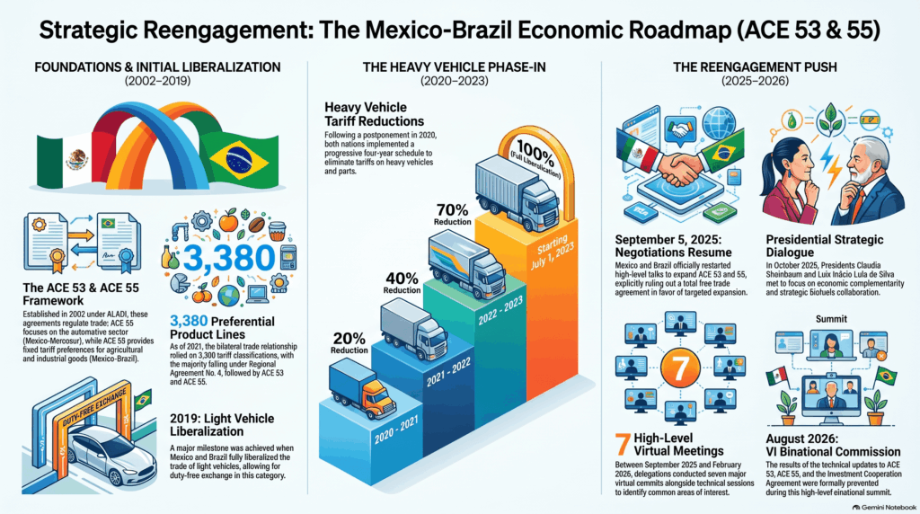 Bar chart illustrating the tariff reduction schedule for heavy-duty vehicles under the ACE 55 agreement between Mexico and Brazil, ranging from 20% to 100% tariff-free.