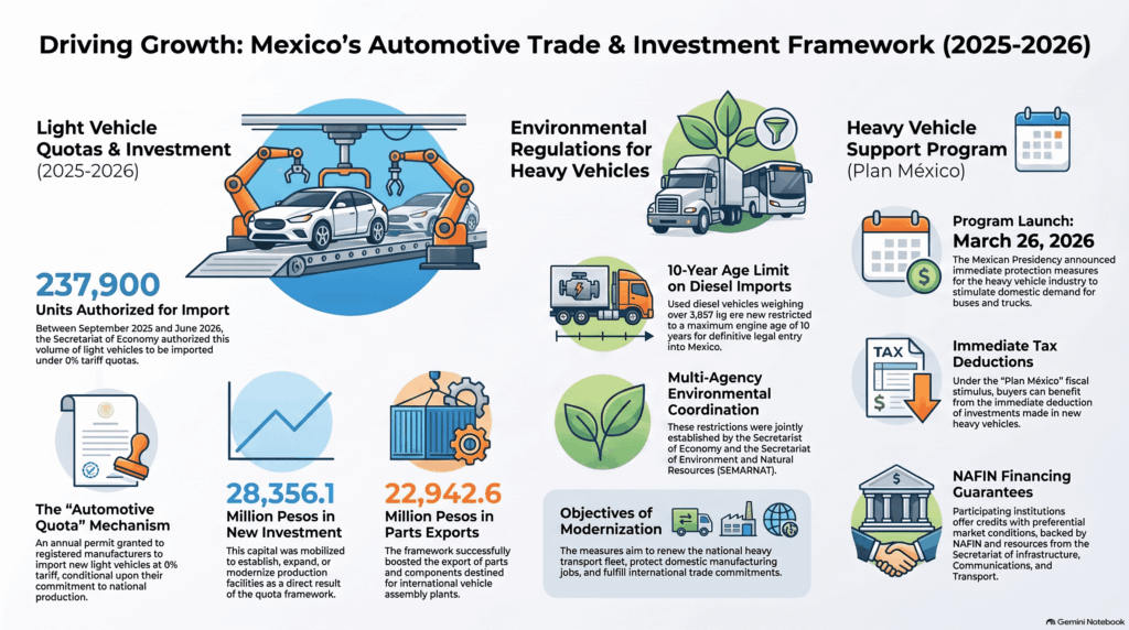 Infografía sobre el marco automotriz de México (2025-2026); muestra la importación con arancel cero de 237,900 vehículos ligeros, inversiones de 28,356.1 millones de pesos y apoyos financieros a vehículos pesados.