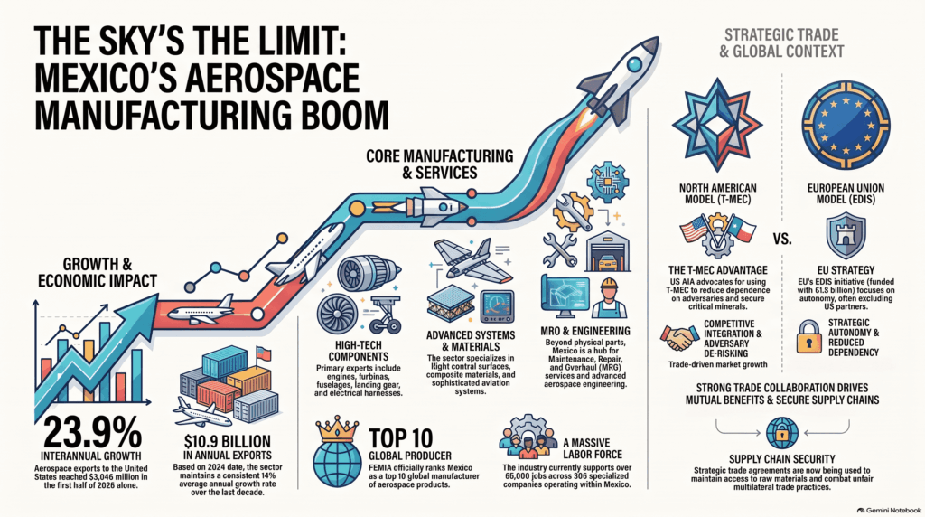 Infographic on Mexico’s aerospace sector showing $10.9 billion in exports in 2024, an average annual growth rate of 14%, 386 companies, and more than 65,000 jobs.