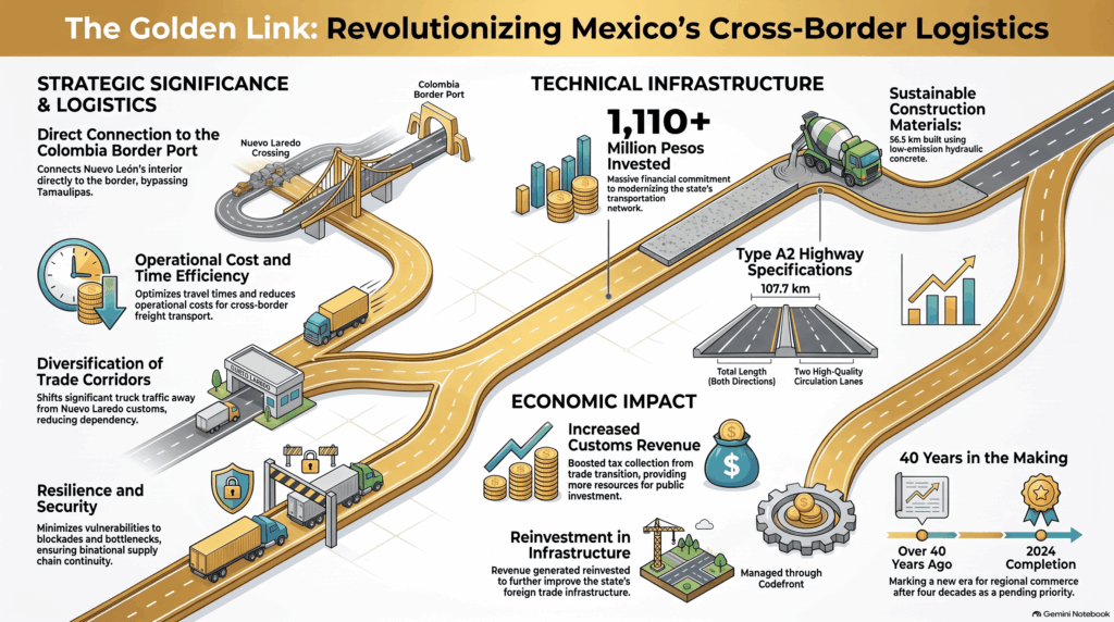 A chart on Nuevo León’s logistics transformation illustrating the new La Gloria to Puerto Colombia highway, highlighting its direct connection—without crossing Tamaulipas—to optimize international trade.