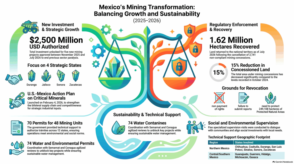 Mapa do México que destaca cinco novos projetos de mineração sustentáveis autorizados em Durango, Jalisco, Sonora e Zacatecas, juntamente com gráficos que mostram o cancelamento de 15% das concessões.