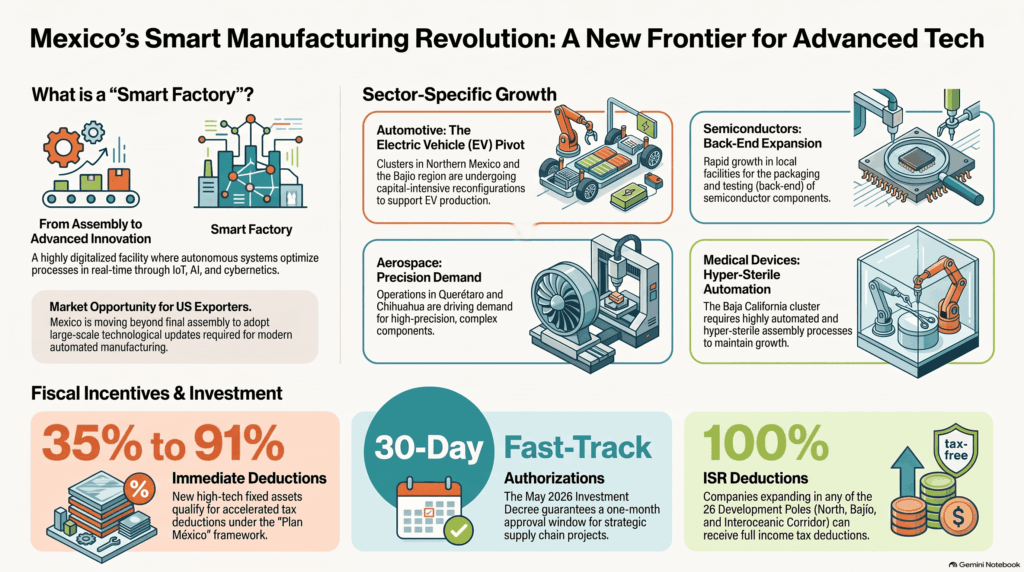 Chart illustrating the transformation of Mexican manufacturing plants into automated smart factories, highlighting the adoption of advanced technologies, new tax incentives, and the development of key sectors.