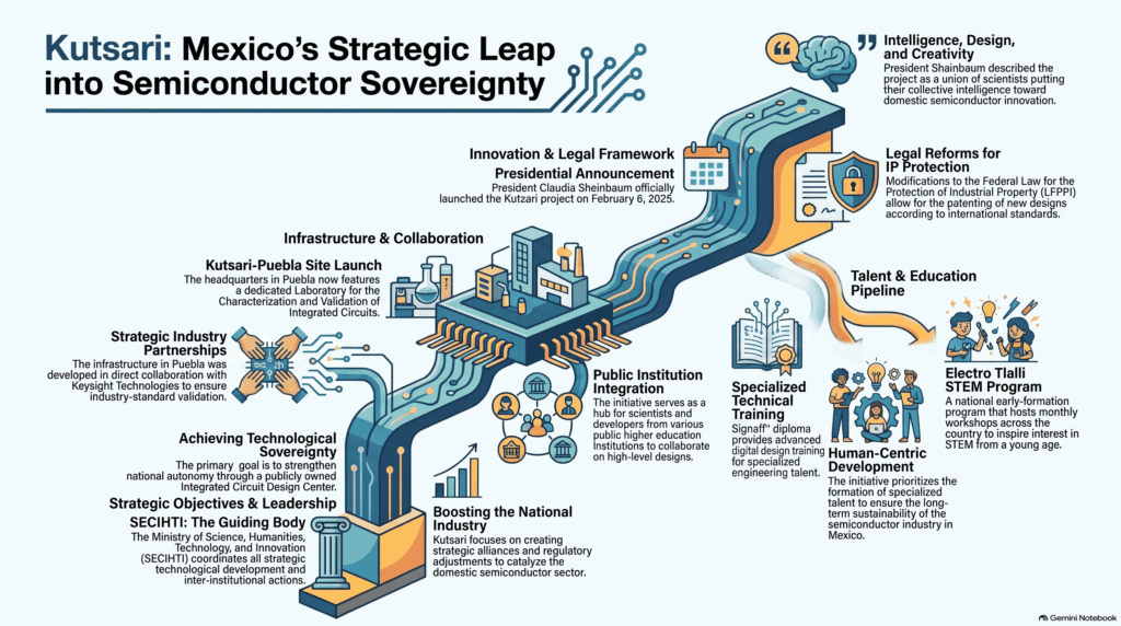 Infografía sobre la iniciativa soberana Kutsari de México. Muestra la estructura del Centro Nacional de Diseño de Semiconductores, alianzas como Keysight, programas formativos como Electro Tlalli y reformas de patentes.