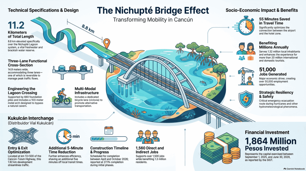 Bar chart showing the impact of the Nichupté Bridge in Cancún, highlighting the 55-minute reduction in travel time for 1.32 million residents and 20 million tourists.