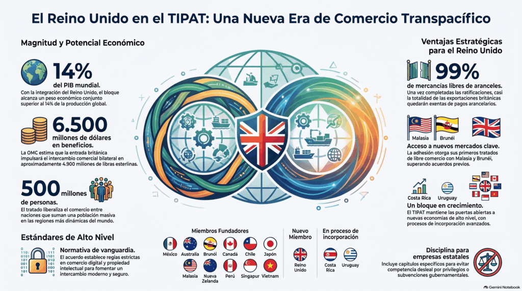 Reino Unido al TIPAT, destacando un incremento comercial de 6,500 millones de dólares, exención arancelaria del 99% y alcance del 14% del PIB mundial actual.