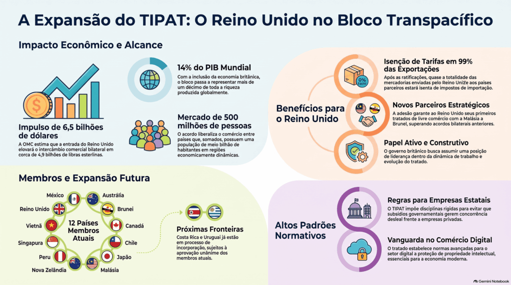 O Reino Unido no TIPAT, destacando um aumento comercial de 6.500 milhões de dólares, isenção tarifária de 99% e alcance de 14% do PIB mundial atual.