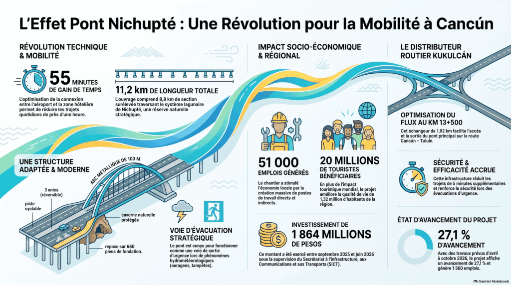Diagramme à barres illustrant l’impact du pont Nichupté à Cancún, mettant en évidence la réduction de 55 minutes des trajets pour 1,32 million d’habitants et 20 millions de touristes.