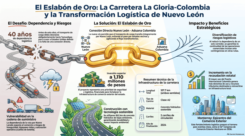 Gráfico sobre la transformación logística de Nuevo León que ilustra la nueva carretera La Gloria a Puerto Colombia, destacando su conexión directa sin cruzar Tamaulipas para optimizar el comercio internacional.