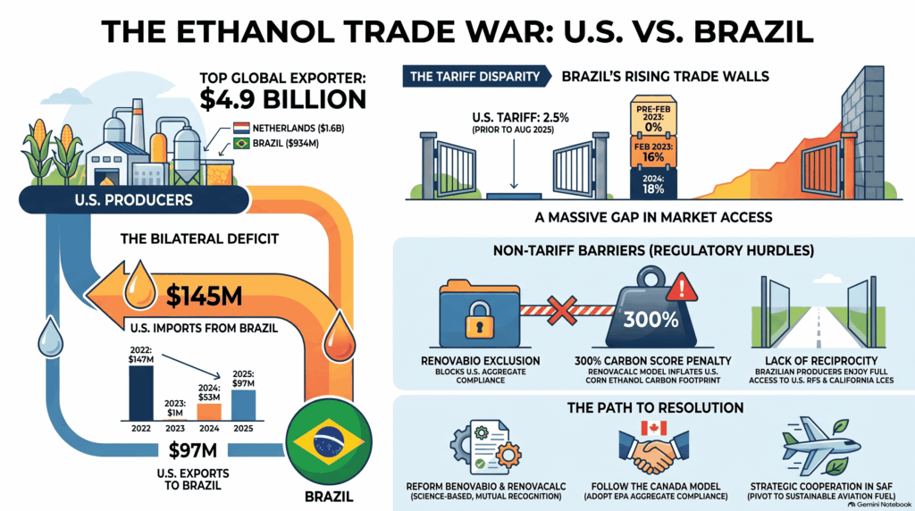 Chart showing bilateral ethanol trade between the United States and Brazil in 2025. It shows U.S. imports totaling $145 million compared to exports to Brazil totaling $97 million.