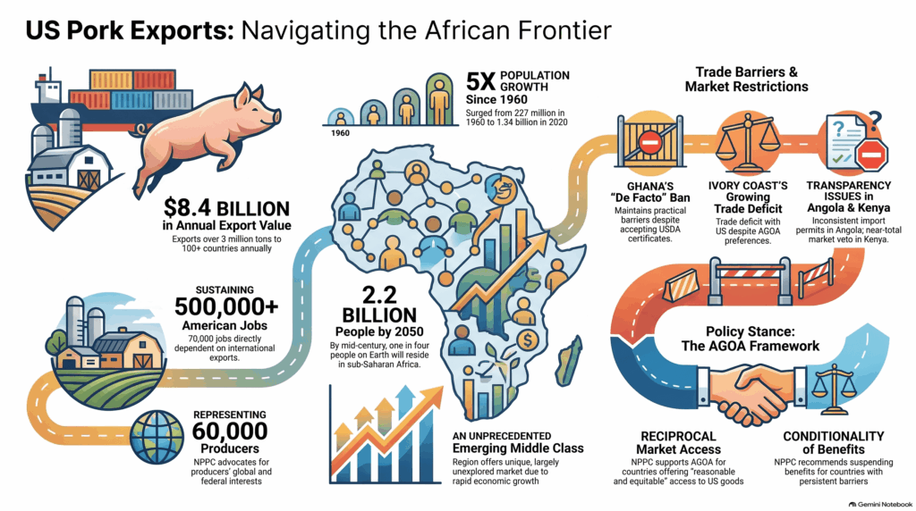 Infographic illustrating opportunities for U.S. pork trade with Sub-Saharan Africa, highlighting rapid population growth, the expansion of the middle class, and existing trade barriers.