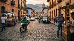 Calle adoquinada de una ciudad colonial al atardecer, donde un repartidor en moto circula hacia la cámara, rodeado de puestos de comida callejera y personas caminando. La economía gig y el crédito: cómo los trabajadores de plataformas acceden a financiamiento.