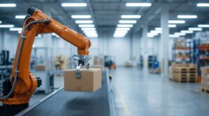 An orange industrial robotic arm holding a cardboard box on a conveyor belt in a modern, spacious, brightly lit factory.