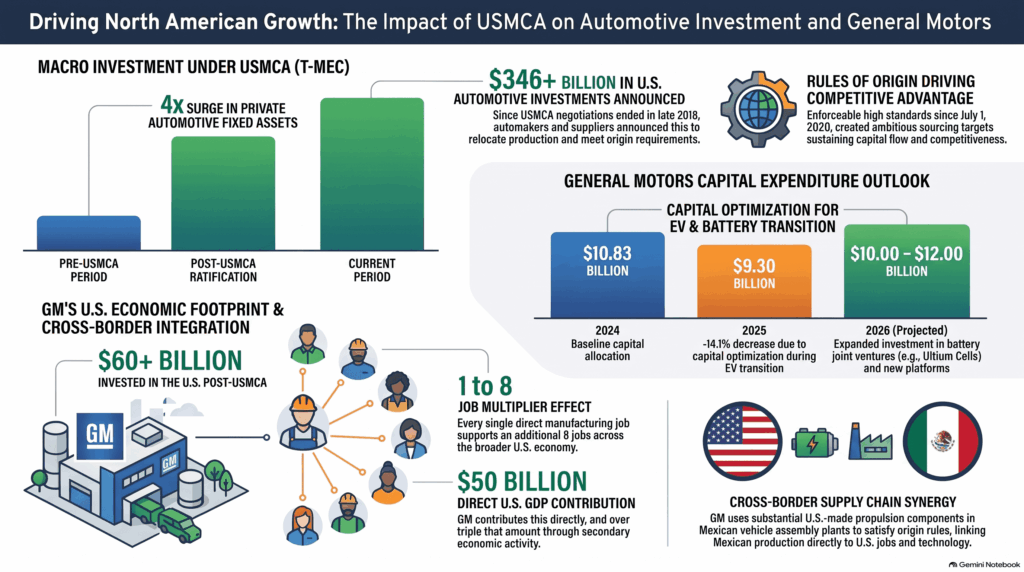 Chart on automotive investment following the USMCA, showing General Motors’ capital expenditures from 2024 to 2026 and the $346,000 million invested in the United States.