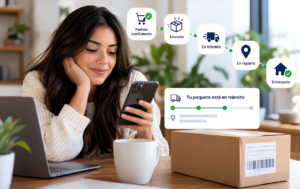 Una mujer sonríe mientras revisa su teléfono en una oficina. Sobre su cabeza flotan iconos y texto que ilustran las etapas de envío: 'Pedido confirmado', 'Enviado', 'En tránsito', 'En reparto' y 'Entregado'. Una barra de progreso interactiva muestra que su paquete está 'en tránsito' y se ve una caja de cartón en primer plano.