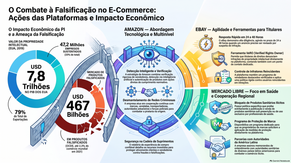 Infografia que apresenta as medidas contra a falsificação no comércio eletrônico adotadas por plataformas como Amazon, eBay e Mercado Libre para proteger ativamente os direitos de propriedade intelectual das marcas.