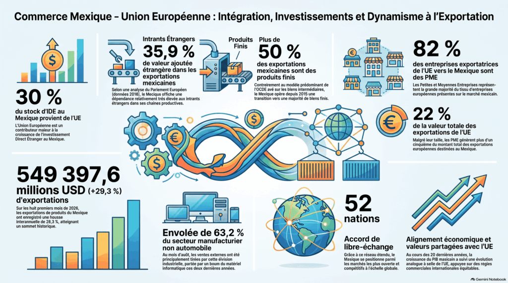 Graphique sur les échanges commerciaux entre le Mexique et l’Union européenne, montrant les investissements directs étrangers (IDE) à hauteur de 30 %, la valeur ajoutée étrangère et les exportations record du Mexique.