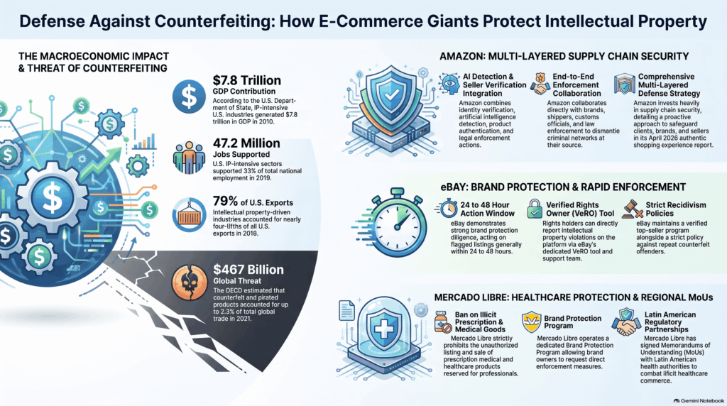 An infographic detailing the anti-counterfeiting measures in e-commerce adopted by platforms such as Amazon, eBay, and Mercado Libre to actively protect brands’ intellectual property rights.