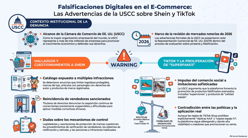 Gráfico informativo sobre las advertencias de la USCC hacia Shein y TikTok por presuntas mercancías falsificadas, anuncios con logotipos protegidos, marcas de lujo e imitación de productos de marca reconocidos.