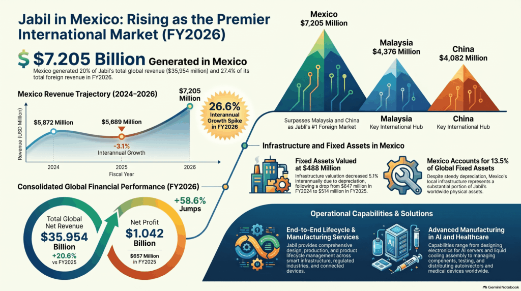 A bar chart showing Mexico as Jabil’s leading international market in 2026 with $7,205 million, surpassing Malaysia with $4,376 million and China with $4,082 million.