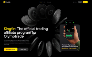 Captura de pantalla del sitio web de Kingfin, programa de afiliados oficial de Olymptrade, mostrando interfaz en modo oscuro con gráficos de trading en un teléfono móvil y monedas 3D. Los mejores programas de afiliados para traders mexicanos.