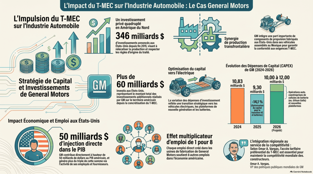 Graphique sur les investissements automobiles après l’entrée en vigueur du ACEUM, présentant les dépenses d’investissement de General Motors de 2024 à 2026 et les 346 000 millions de dollars investis aux États-Unis.