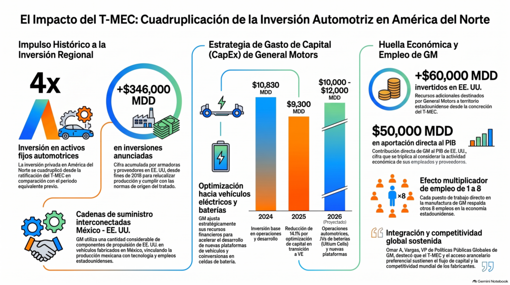 Gráfico sobre la inversión automotriz tras el T-MEC mostrando el gasto de capital de General Motors de 2024 a 2026 y los 346,000 millones de dólares invertidos en Estados Unidos.