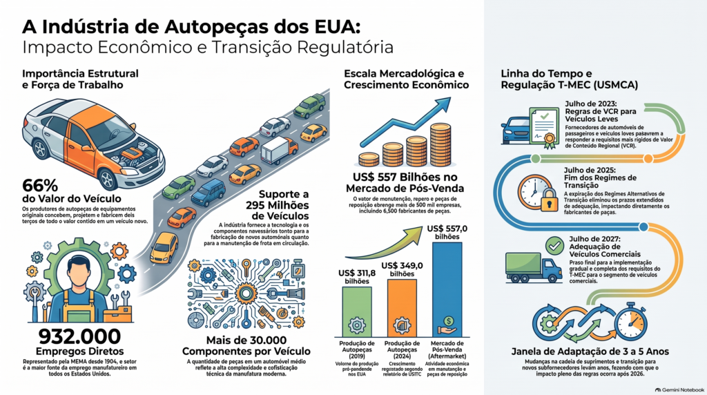 Gráfico sobre a indústria de peças automotivas nos Estados Unidos. Destaca que os fabricantes contribuem com 66% do valor do veículo, geram 932.000 empregos e atingiram US$ 349.000 milhões em produção em 2024.