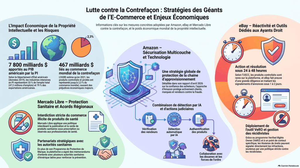 Infographie présentant les mesures de lutte contre la contrefaçon dans le commerce électronique adoptées par des plateformes telles qu’Amazon, eBay et Mercado Libre afin de protéger activement les droits de propriété intellectuelle des marques.