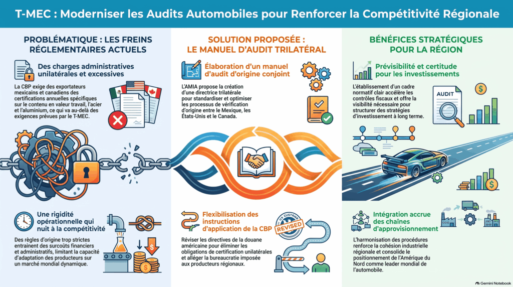 Infographie sur la proposition de l’AMIA à l’USITC visant à créer un manuel trilatéral d’audit d’origine dans le cadre du T-MEC et à assouplir les certifications relatives à la « valeur ajoutée locale ».