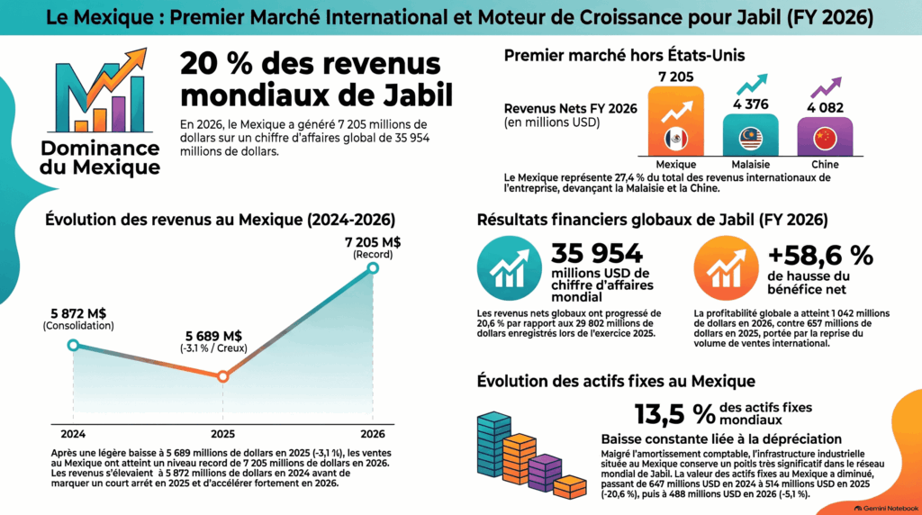 Graphique à barres représentant le Mexique comme le principal marché international de Jabil en 2026 avec 7 205 millions de dollars, devançant la Malaisie (4 376) et la Chine (4 082).