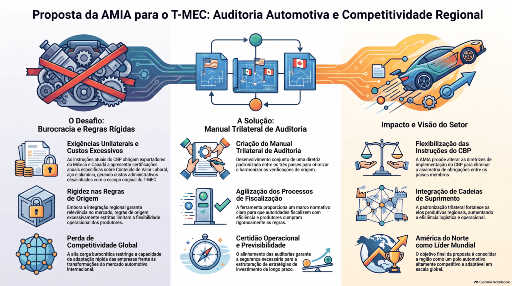 Infografia sobre a proposta da AMIA à USITC para criar um manual trilateral de auditoria de origem no T-MEC e flexibilizar as certificações de Conteúdo de Valor do Trabalho.