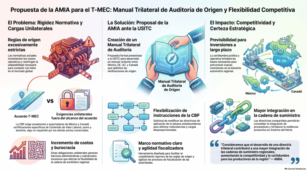 Infografía sobre la propuesta de la AMIA a la USITC para crear un manual trilateral de auditoría de origen en el T-MEC y flexibilizar certificaciones de Contenido de Valor Laboral.