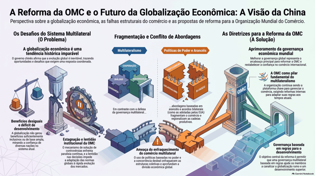 Gráfico sobre a reforma da OMC que ilustra a postura da China diante dos desafios da globalização, destacando o multilateralismo comercial em contraposição ao unilateralismo e à fragmentação.