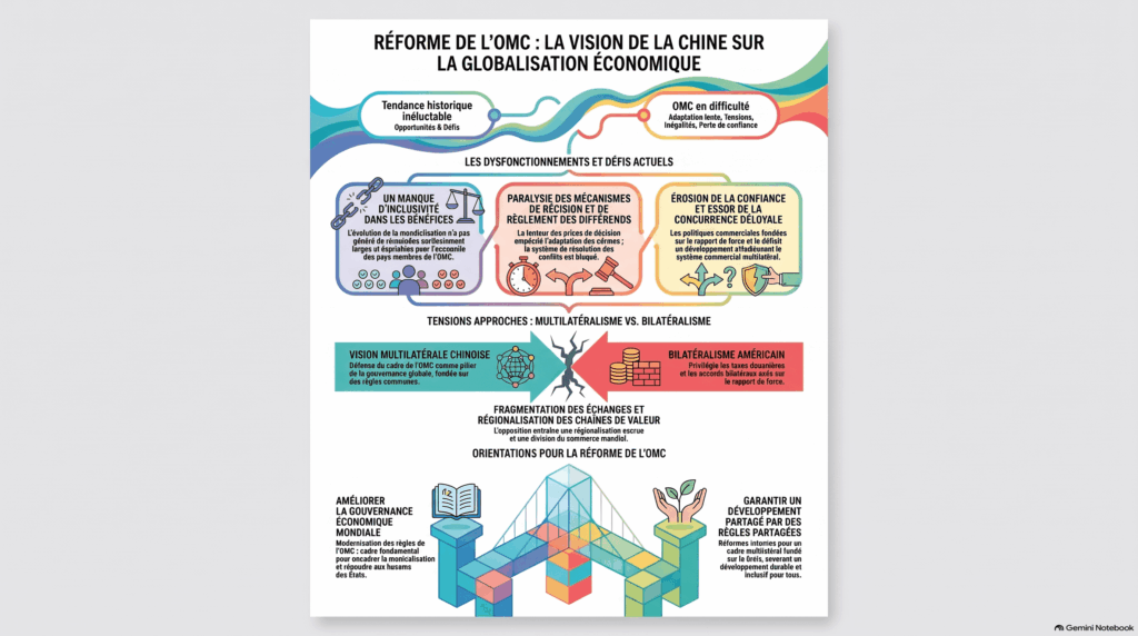 Graphique sur la réforme de l'OMC illustrant la position de la Chine face aux défis de la mondialisation, mettant en avant le multilatéralisme commercial face à l'unilatéralisme et à la fragmentation.