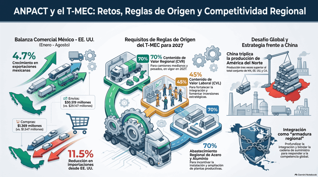 Gráfico estadístico que ilustra el comercio de vehículos comerciales entre México y Estados Unidos de enero a agosto de 2026, destacando el crecimiento exportador mexicano y la caída de importaciones.