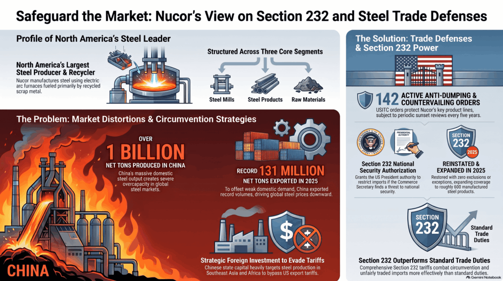 Statistical chart illustrating the effectiveness of the Section 232 tariffs imposed in 2025 on 600 manufactured steel products to combat unfair competition and circumvention practices.