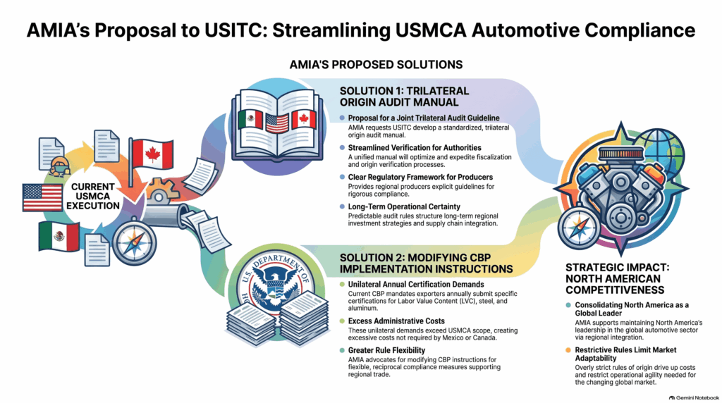 Infographic on AMIA’s proposal to the USITC to create a trilateral rules-of-origin audit manual under the USMCA and make Labor Value Content certifications more flexible.