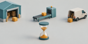 A stylized 3D illustration showing three stages of logistics—warehouse, sorting conveyor belt, and delivery van—accompanied by an hourglass that visually separates the process from the waiting time. AI Video Generator Logistics Clips Should Separate Order From Time.